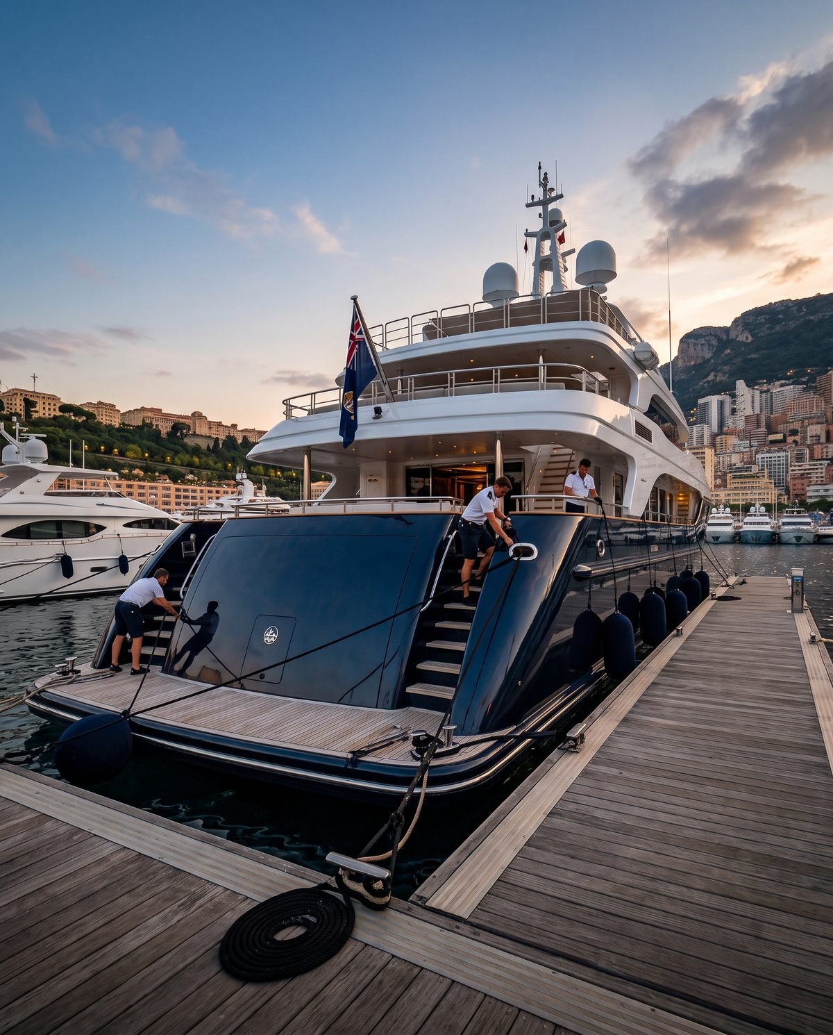 Motor yacht alongside at dusk, crew preparing lines